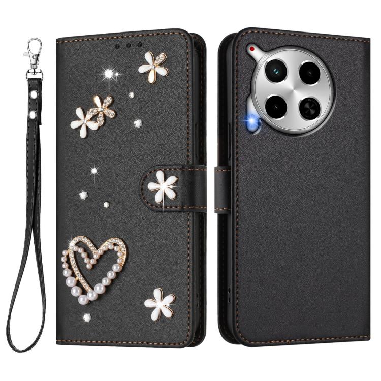 For Tecno Camon 30 4G / 5G ZS01 Double-Layer Heart Floral Vegan Leather Phone Case with Wrist Strap