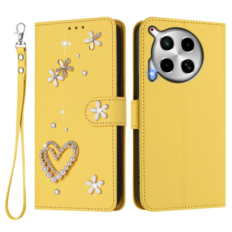 For Tecno Camon 30 4G / 5G ZS01 Double-Layer Heart Floral Vegan Leather Phone Case with Wrist Strap