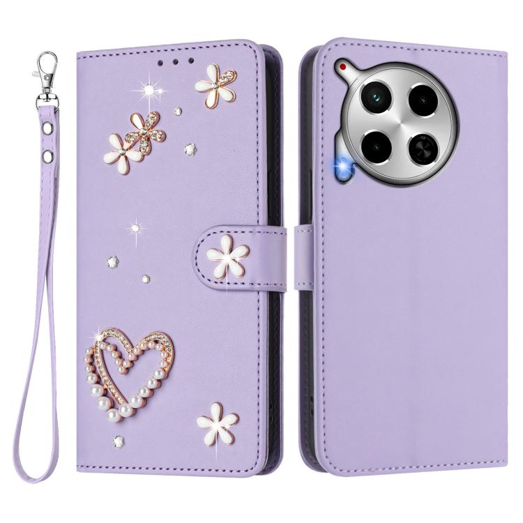 For Tecno Camon 30 4G / 5G ZS01 Double-Layer Heart Floral Vegan Leather Phone Case with Wrist Strap
