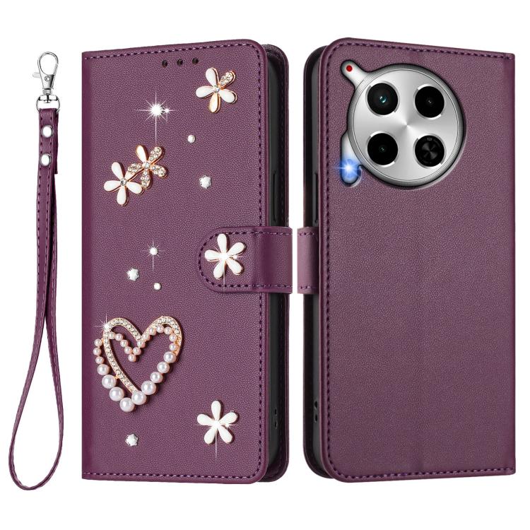 For Tecno Camon 30 4G / 5G ZS01 Double-Layer Heart Floral Vegan Leather Phone Case with Wrist Strap