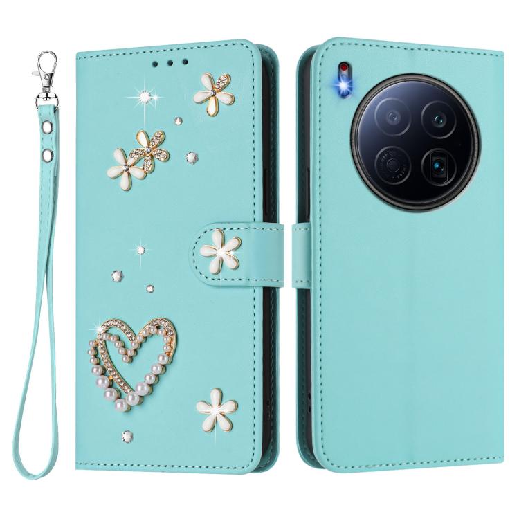 For Tecno Camon 40 Premier ZS01 Double-Layer Heart Floral Vegan Leather Phone Case with Wrist Strap