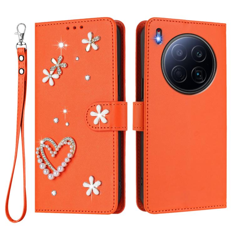 For Tecno Camon 40 Premier ZS01 Double-Layer Heart Floral Vegan Leather Phone Case with Wrist Strap