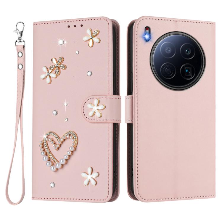 For Tecno Camon 40 Premier ZS01 Double-Layer Heart Floral Vegan Leather Phone Case with Wrist Strap