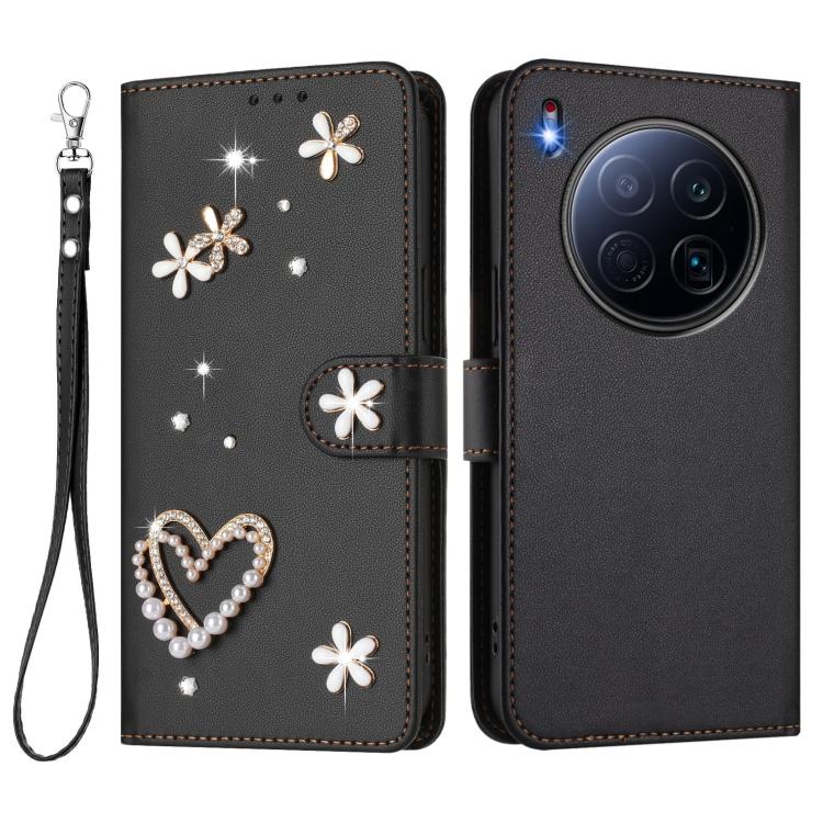For Tecno Camon 40 Premier ZS01 Double-Layer Heart Floral Vegan Leather Phone Case with Wrist Strap