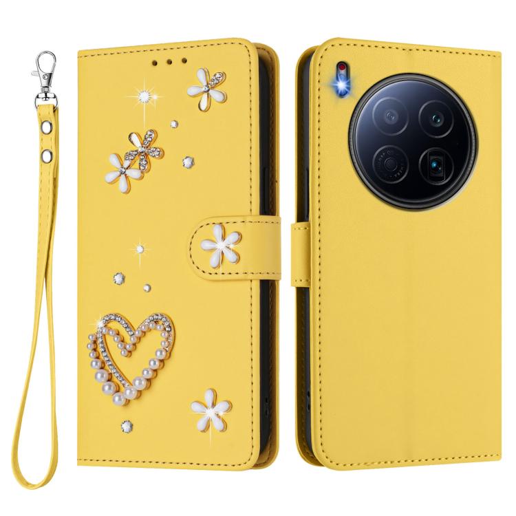 For Tecno Camon 40 Premier ZS01 Double-Layer Heart Floral Vegan Leather Phone Case with Wrist Strap