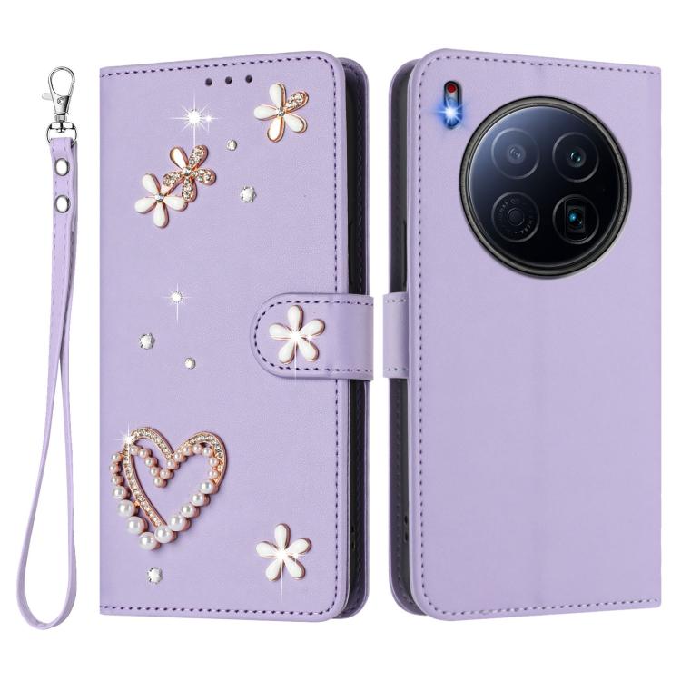 For Tecno Camon 40 Premier ZS01 Double-Layer Heart Floral Vegan Leather Phone Case with Wrist Strap