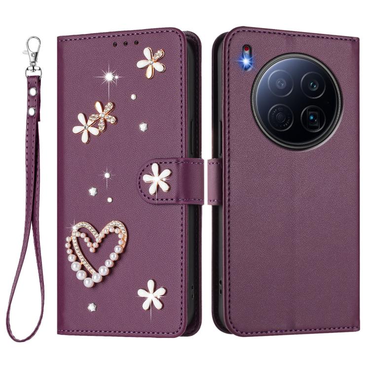 For Tecno Camon 40 Premier ZS01 Double-Layer Heart Floral Vegan Leather Phone Case with Wrist Strap