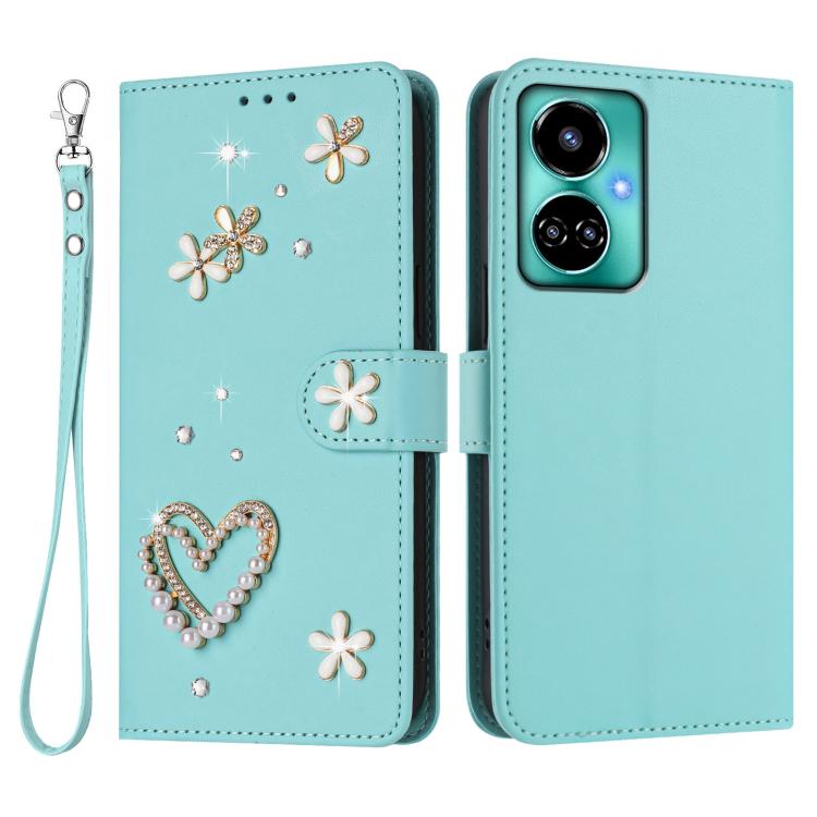 For Tecno Camon 19 / 19 Pro 5G ZS01 Double-Layer Heart Floral Vegan Leather Phone Case with Wrist Strap