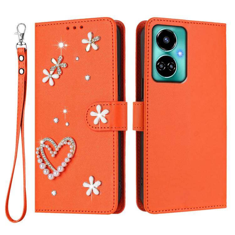 For Tecno Camon 19 / 19 Pro 5G ZS01 Double-Layer Heart Floral Vegan Leather Phone Case with Wrist Strap