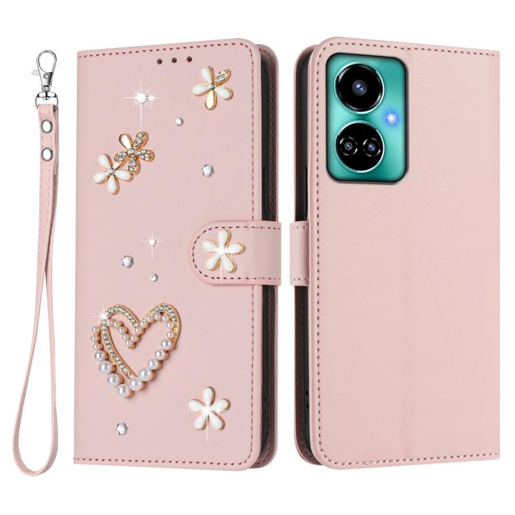 For Tecno Camon 19 / 19 Pro 5G ZS01 Double-Layer Heart Floral Vegan Leather Phone Case with Wrist Strap