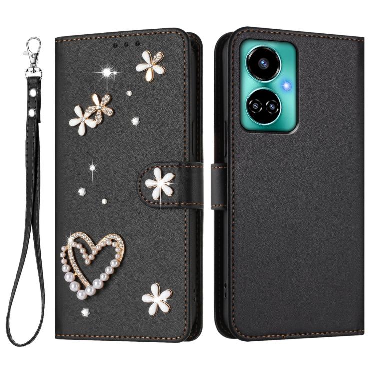 For Tecno Camon 19 / 19 Pro 5G ZS01 Double-Layer Heart Floral Vegan Leather Phone Case with Wrist Strap