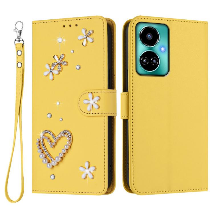 For Tecno Camon 19 / 19 Pro 5G ZS01 Double-Layer Heart Floral Vegan Leather Phone Case with Wrist Strap