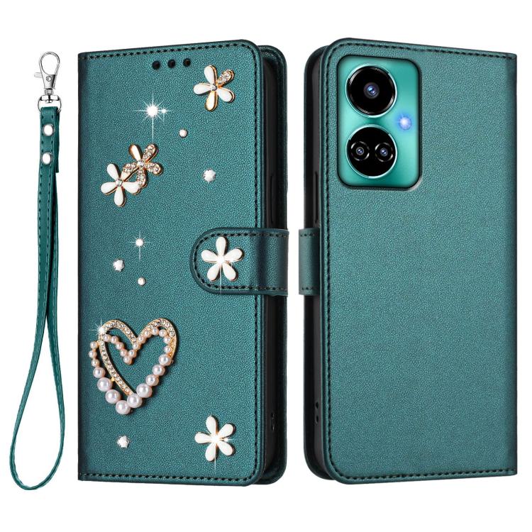 For Tecno Camon 19 / 19 Pro 5G ZS01 Double-Layer Heart Floral Vegan Leather Phone Case with Wrist Strap