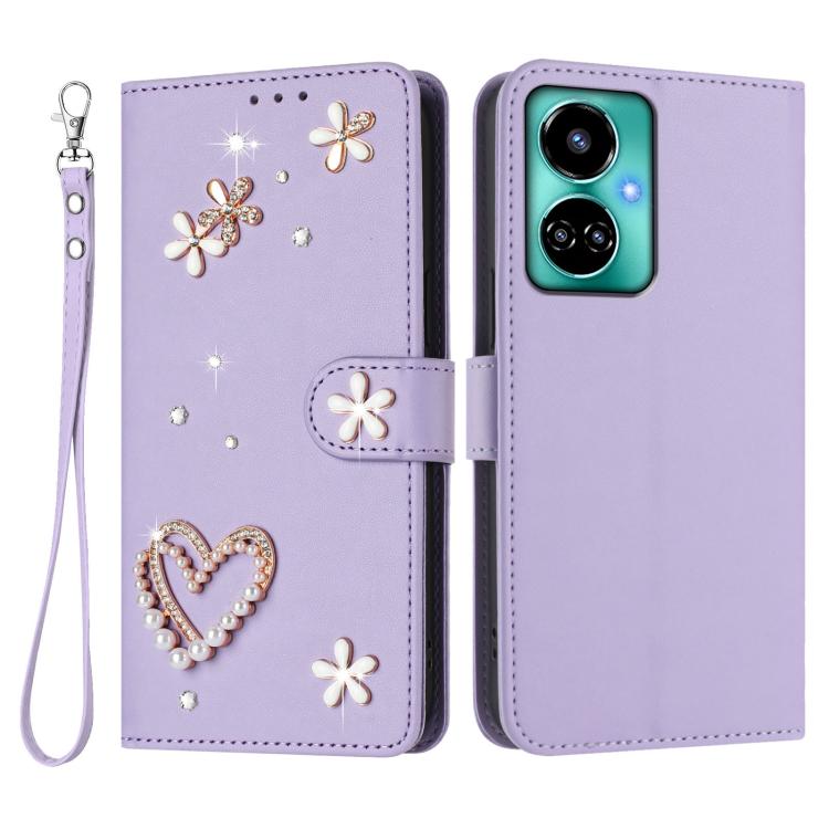 For Tecno Camon 19 / 19 Pro 5G ZS01 Double-Layer Heart Floral Vegan Leather Phone Case with Wrist Strap