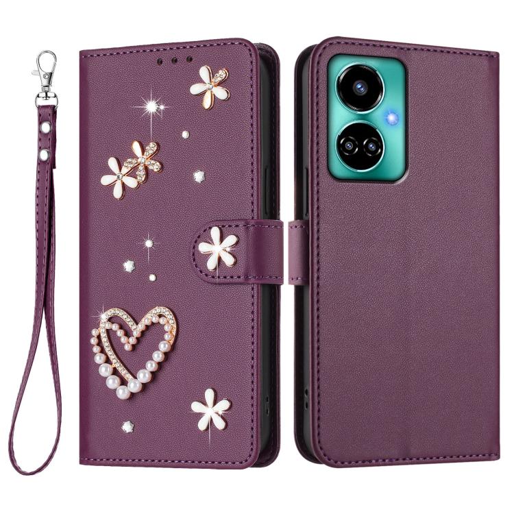 For Tecno Camon 19 / 19 Pro 5G ZS01 Double-Layer Heart Floral Vegan Leather Phone Case with Wrist Strap