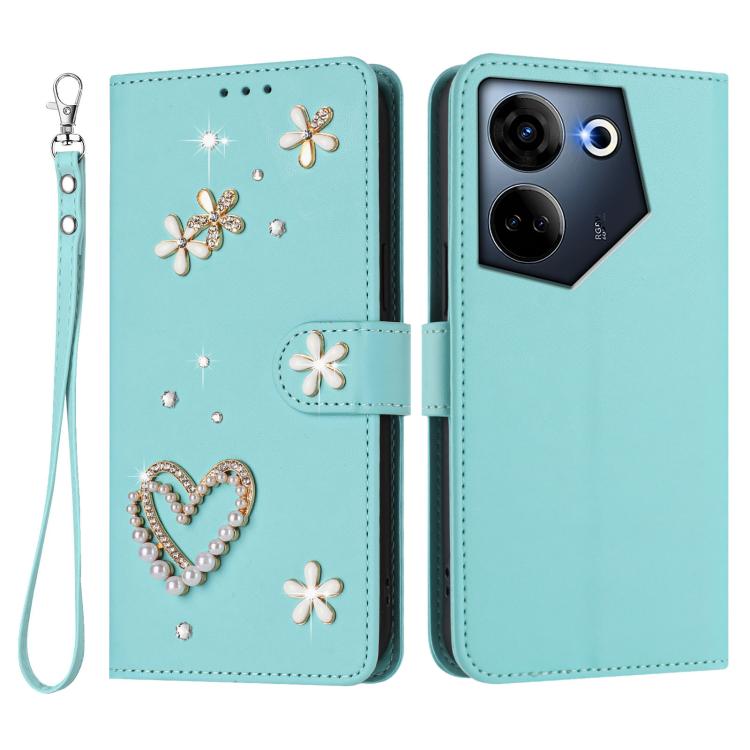 For Tecno Camon 20 4G / 20 Pro 4G ZS01 Double-Layer Heart Floral Vegan Leather Phone Case with Wrist Strap