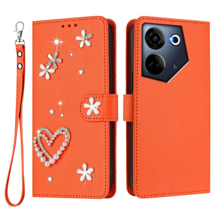 For Tecno Camon 20 4G / 20 Pro 4G ZS01 Double-Layer Heart Floral Vegan Leather Phone Case with Wrist Strap