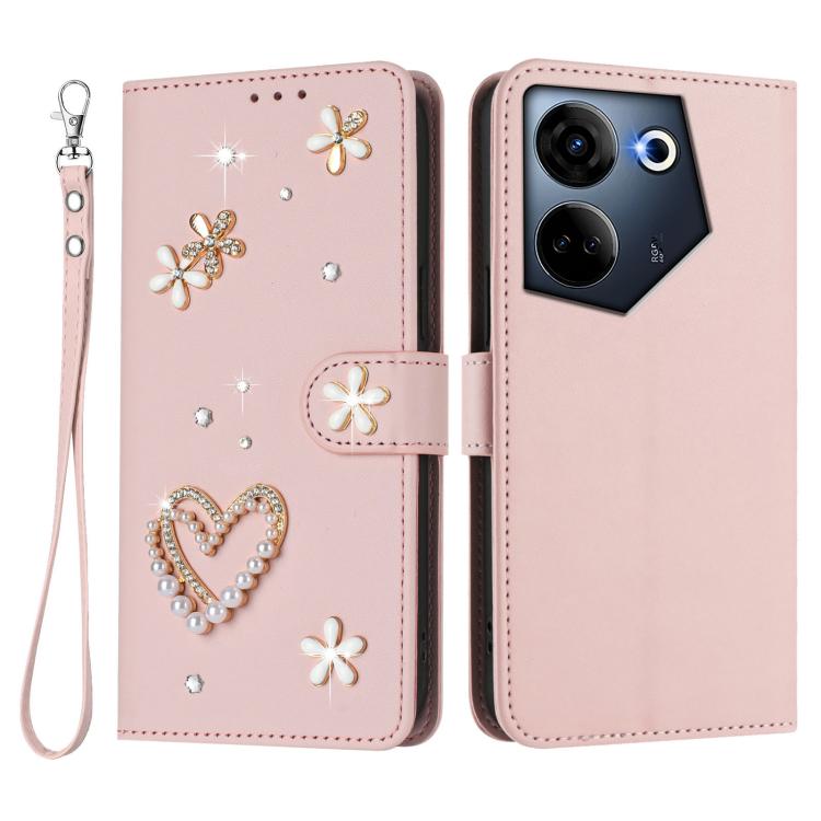 For Tecno Camon 20 4G / 20 Pro 4G ZS01 Double-Layer Heart Floral Vegan Leather Phone Case with Wrist Strap