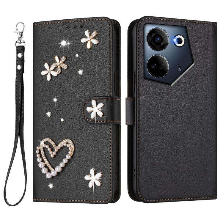 For Tecno Camon 20 4G / 20 Pro 4G ZS01 Double-Layer Heart Floral Vegan Leather Phone Case with Wrist Strap