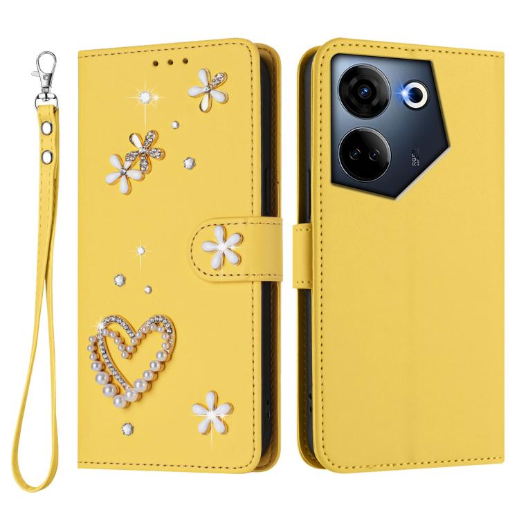 For Tecno Camon 20 4G / 20 Pro 4G ZS01 Double-Layer Heart Floral Vegan Leather Phone Case with Wrist Strap