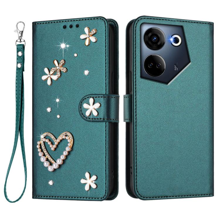 For Tecno Camon 20 4G / 20 Pro 4G ZS01 Double-Layer Heart Floral Vegan Leather Phone Case with Wrist Strap
