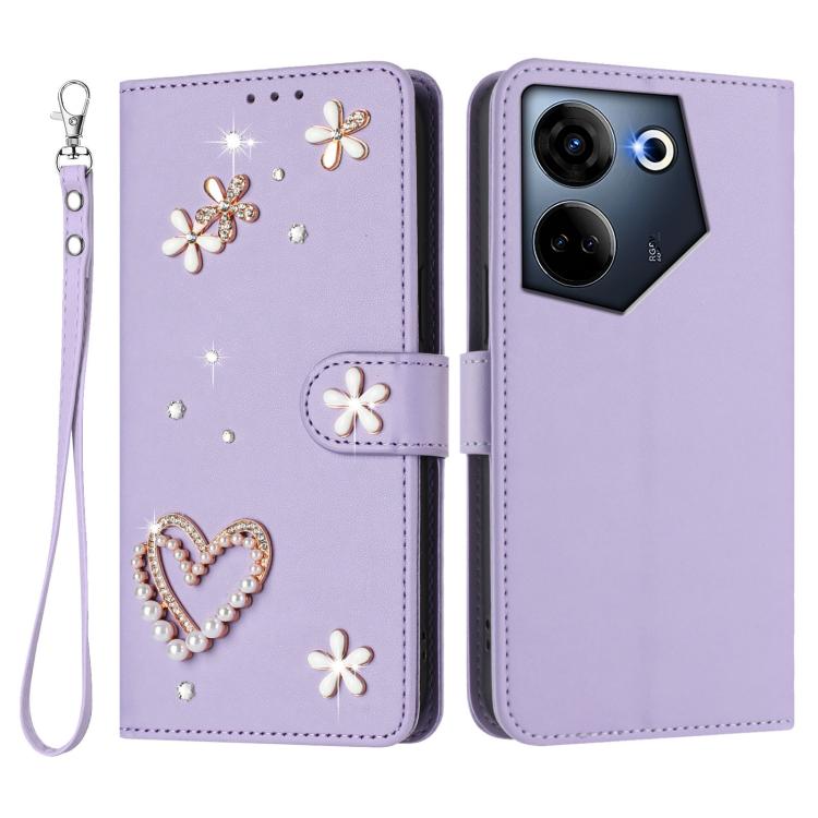 For Tecno Camon 20 4G / 20 Pro 4G ZS01 Double-Layer Heart Floral Vegan Leather Phone Case with Wrist Strap