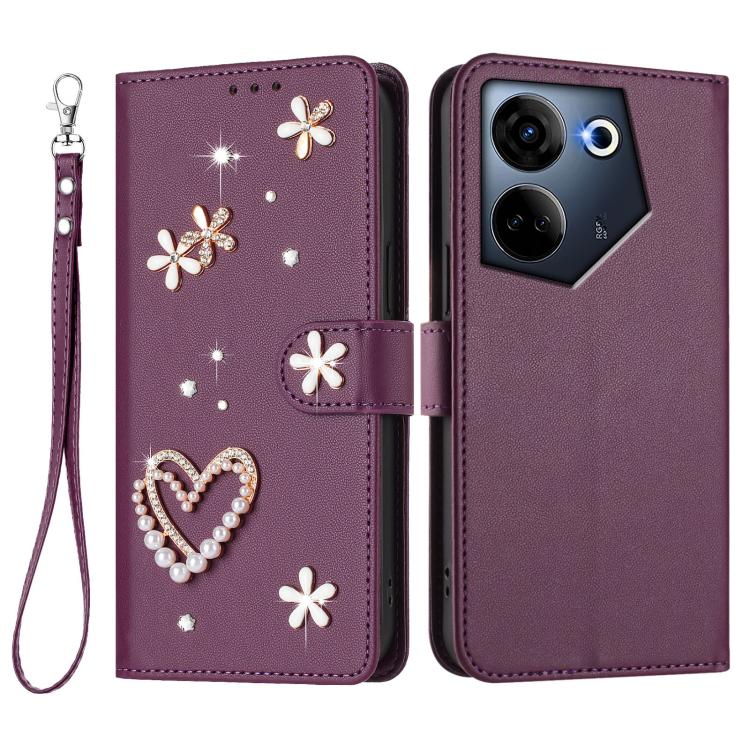 For Tecno Camon 20 4G / 20 Pro 4G ZS01 Double-Layer Heart Floral Vegan Leather Phone Case with Wrist Strap