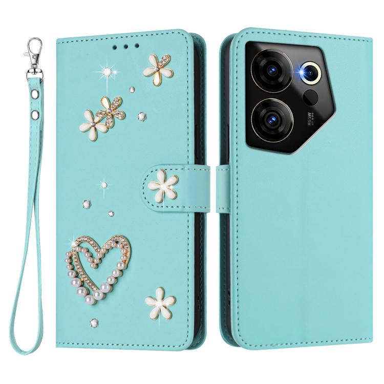 For Tecno Camon 20 Premier 5G ZS01 Double-Layer Heart Floral Vegan Leather Phone Case with Wrist Strap