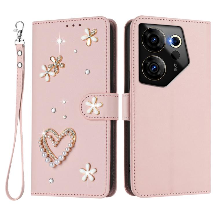 For Tecno Camon 20 Premier 5G ZS01 Double-Layer Heart Floral Vegan Leather Phone Case with Wrist Strap