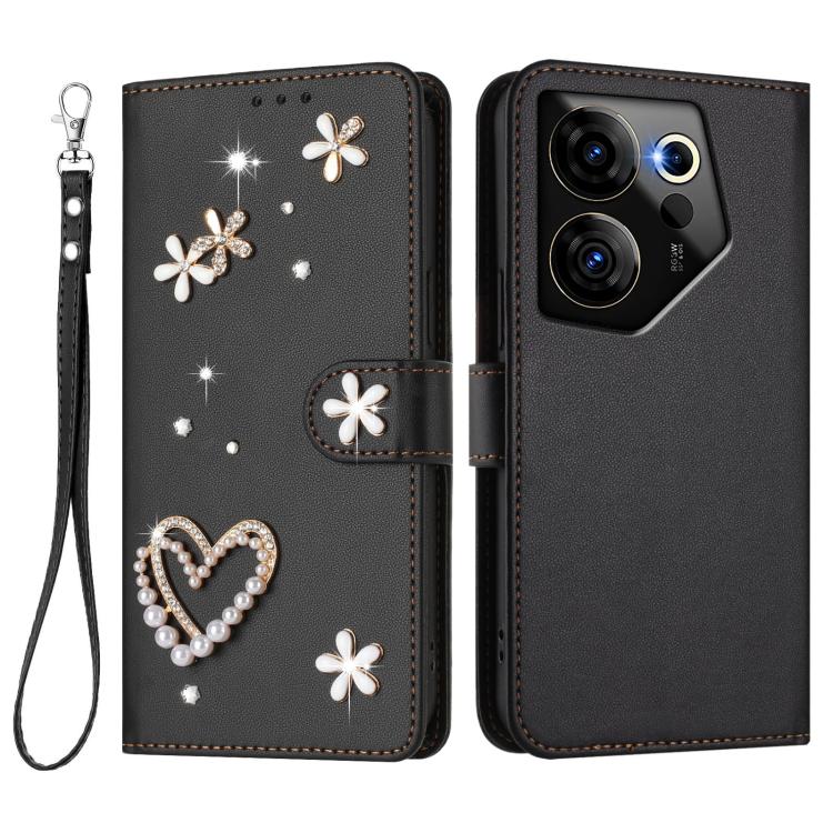 For Tecno Camon 20 Premier 5G ZS01 Double-Layer Heart Floral Vegan Leather Phone Case with Wrist Strap