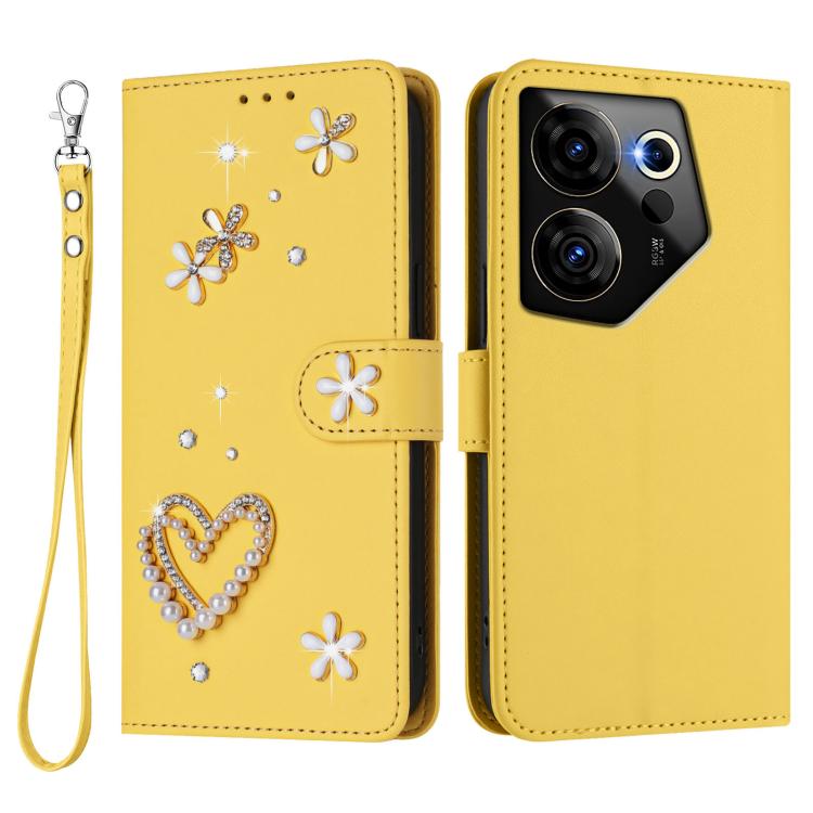For Tecno Camon 20 Premier 5G ZS01 Double-Layer Heart Floral Vegan Leather Phone Case with Wrist Strap