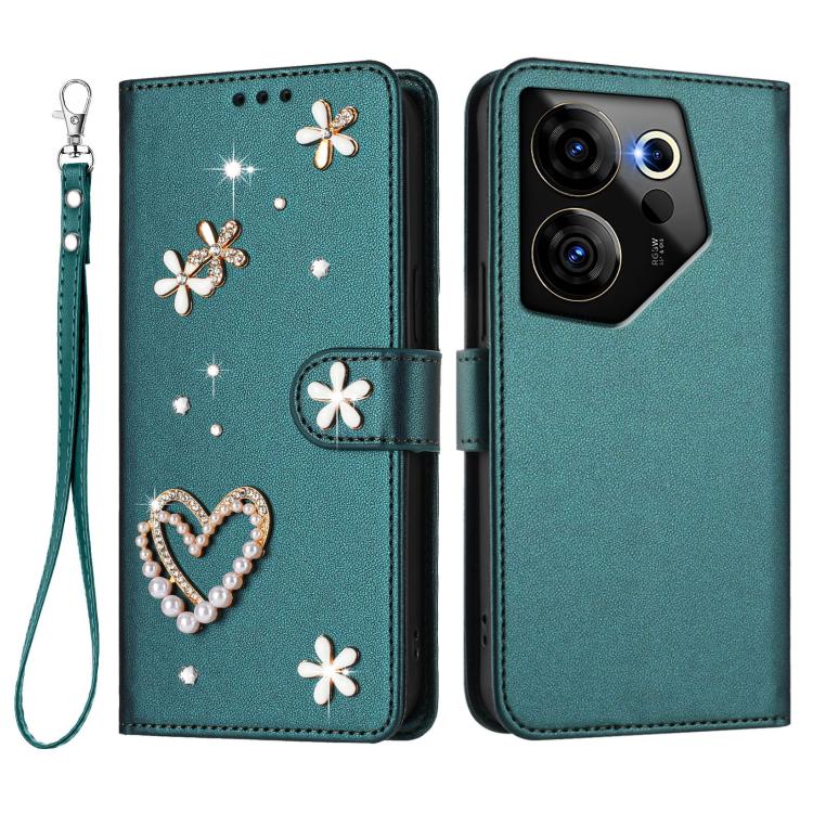 For Tecno Camon 20 Premier 5G ZS01 Double-Layer Heart Floral Vegan Leather Phone Case with Wrist Strap