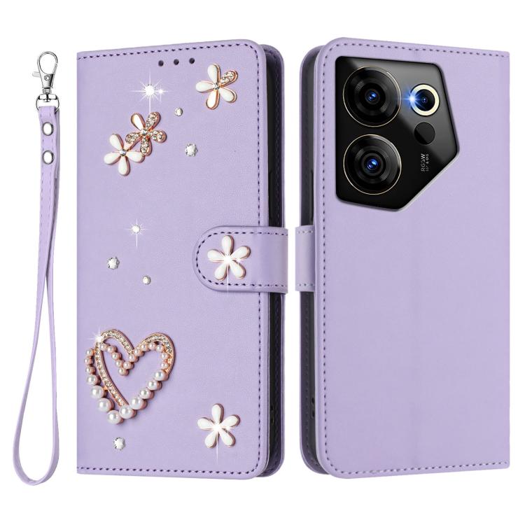 For Tecno Camon 20 Premier 5G ZS01 Double-Layer Heart Floral Vegan Leather Phone Case with Wrist Strap