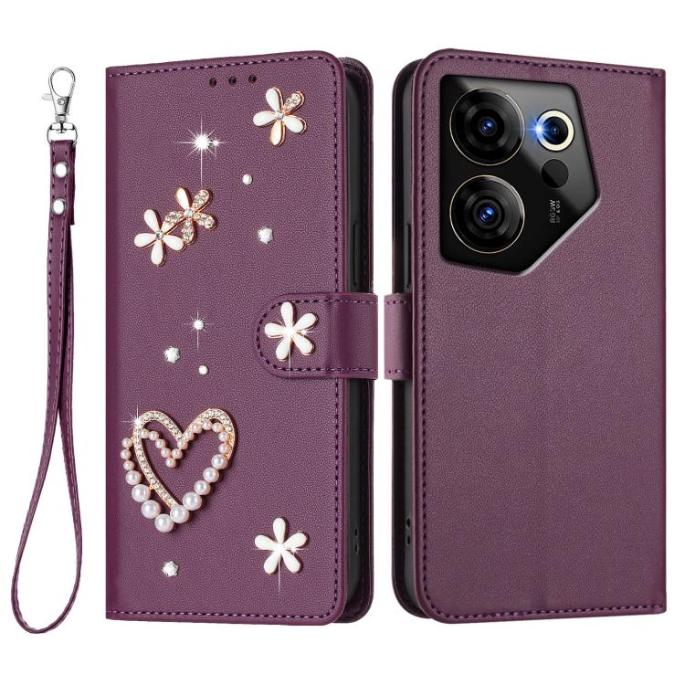 For Tecno Camon 20 Premier 5G ZS01 Double-Layer Heart Floral Vegan Leather Phone Case with Wrist Strap