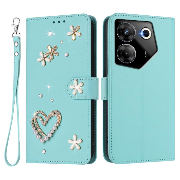 For Tecno Camon 20 Pro 5G ZS01 Double-Layer Heart Floral Vegan Leather Phone Case with Wrist Strap