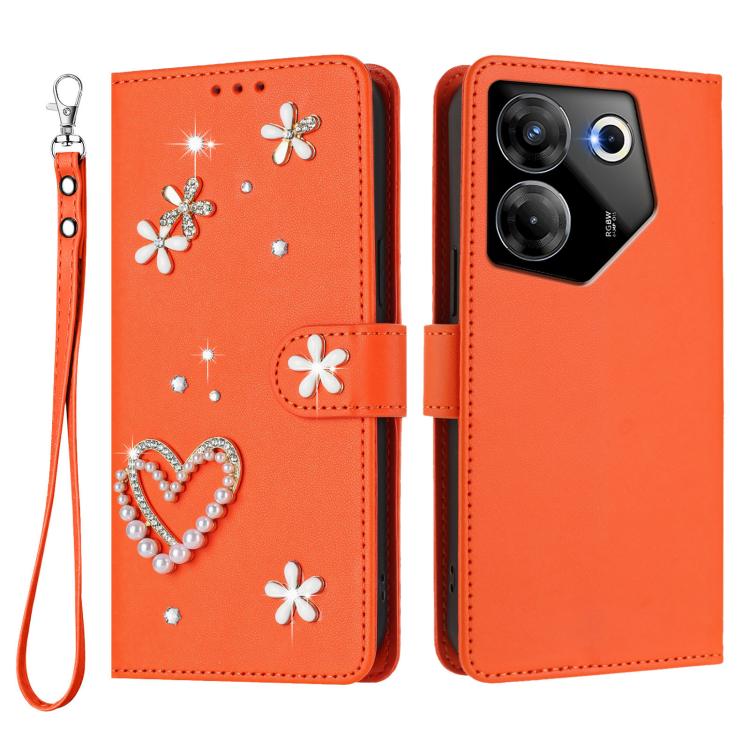 For Tecno Camon 20 Pro 5G ZS01 Double-Layer Heart Floral Vegan Leather Phone Case with Wrist Strap
