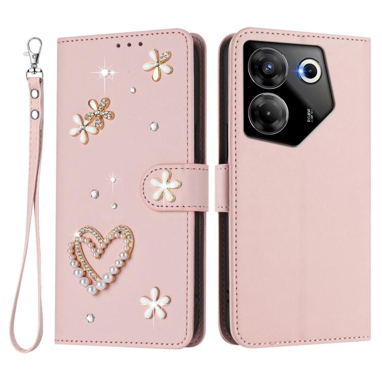 For Tecno Camon 20 Pro 5G ZS01 Double-Layer Heart Floral Vegan Leather Phone Case with Wrist Strap