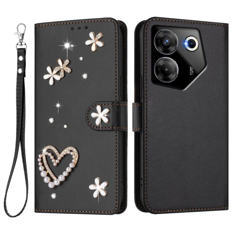For Tecno Camon 20 Pro 5G ZS01 Double-Layer Heart Floral Vegan Leather Phone Case with Wrist Strap