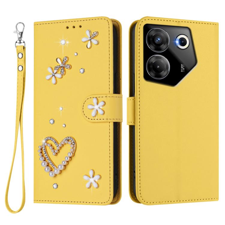 For Tecno Camon 20 Pro 5G ZS01 Double-Layer Heart Floral Vegan Leather Phone Case with Wrist Strap
