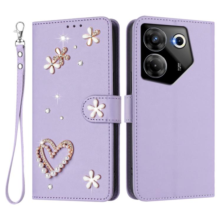 For Tecno Camon 20 Pro 5G ZS01 Double-Layer Heart Floral Vegan Leather Phone Case with Wrist Strap