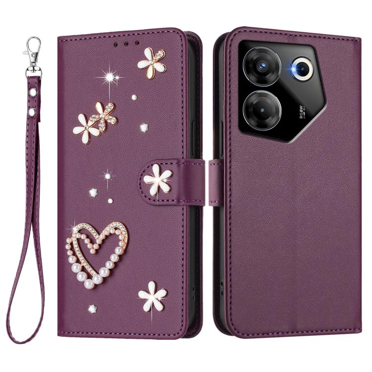For Tecno Camon 20 Pro 5G ZS01 Double-Layer Heart Floral Vegan Leather Phone Case with Wrist Strap