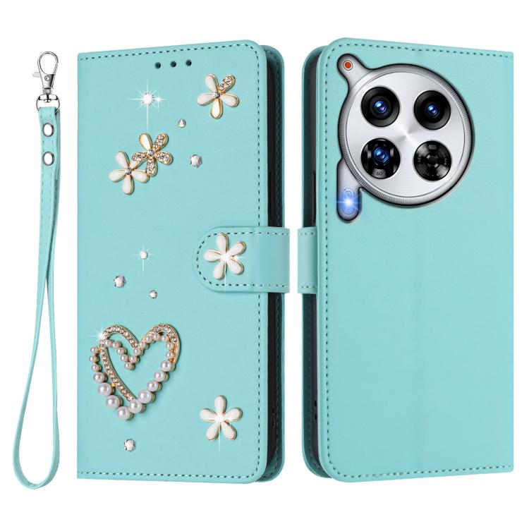 For Tecno Camon 30 Premier ZS01 Double-Layer Heart Floral Vegan Leather Phone Case with Wrist Strap