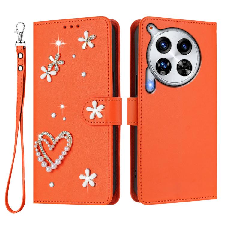 For Tecno Camon 30 Premier ZS01 Double-Layer Heart Floral Vegan Leather Phone Case with Wrist Strap