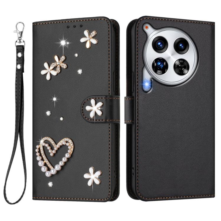 For Tecno Camon 30 Premier ZS01 Double-Layer Heart Floral Vegan Leather Phone Case with Wrist Strap