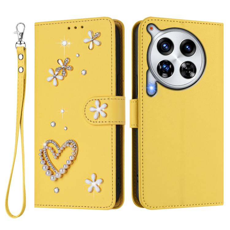 For Tecno Camon 30 Premier ZS01 Double-Layer Heart Floral Vegan Leather Phone Case with Wrist Strap