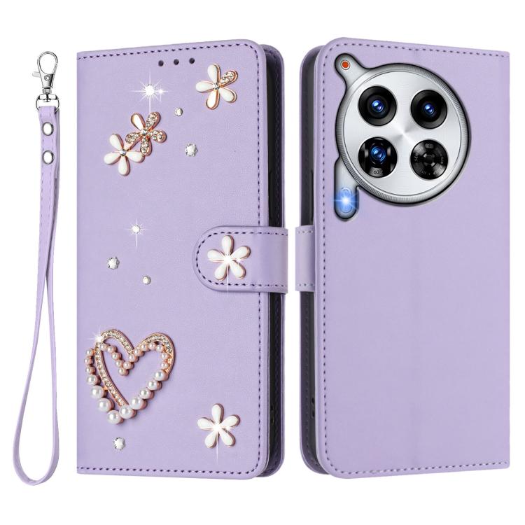 For Tecno Camon 30 Premier ZS01 Double-Layer Heart Floral Vegan Leather Phone Case with Wrist Strap