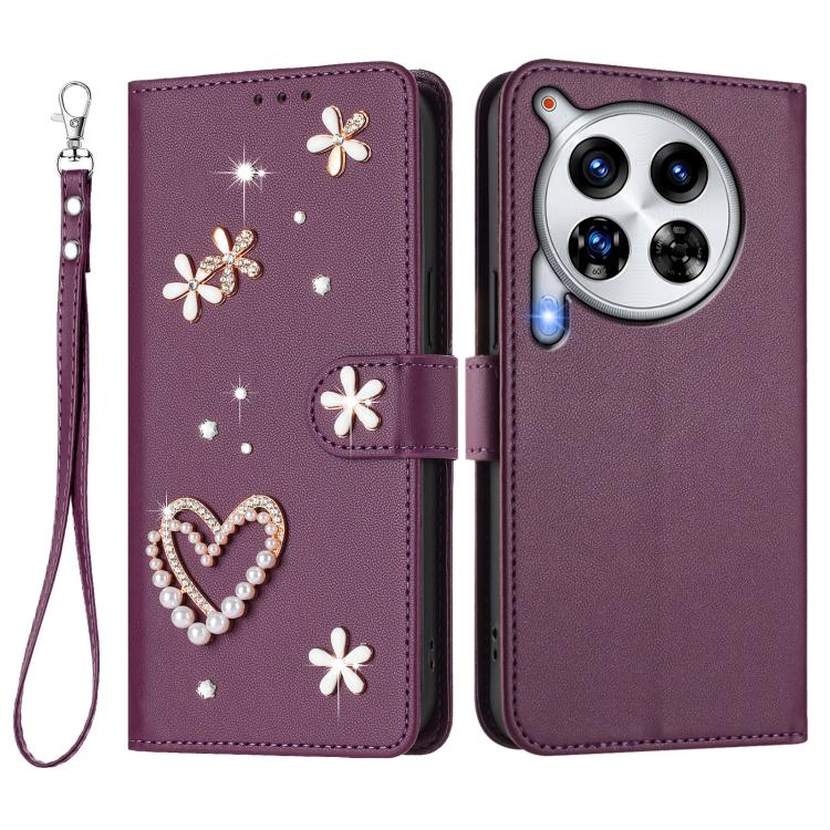 For Tecno Camon 30 Premier ZS01 Double-Layer Heart Floral Vegan Leather Phone Case with Wrist Strap