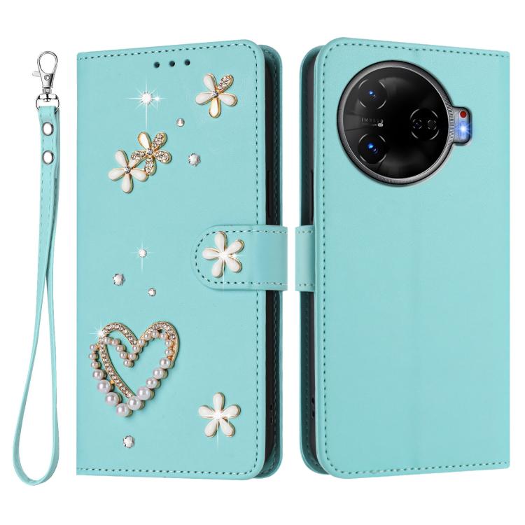 For Tecno Camon 30 Pro 5G ZS01 Double-Layer Heart Floral Vegan Leather Phone Case with Wrist Strap