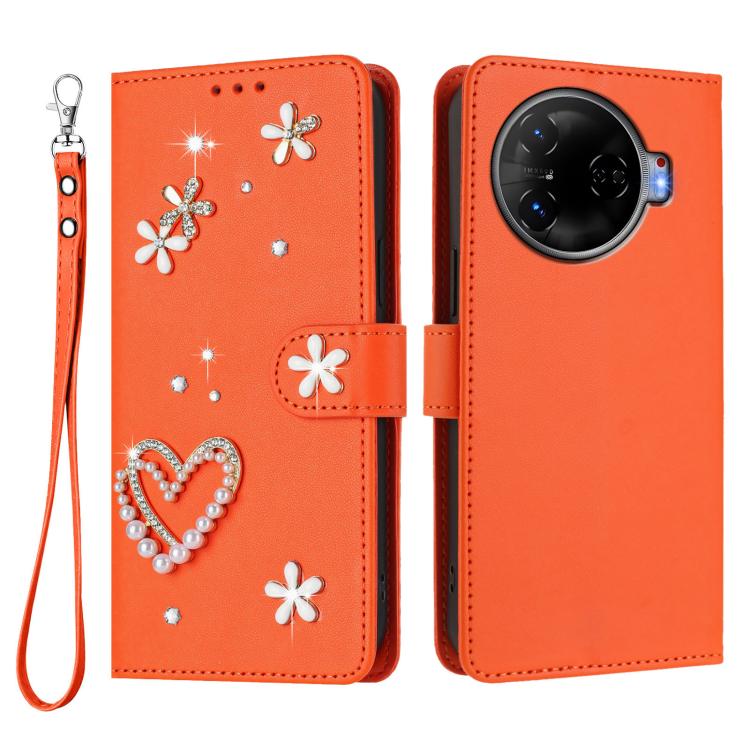 For Tecno Camon 30 Pro 5G ZS01 Double-Layer Heart Floral Vegan Leather Phone Case with Wrist Strap