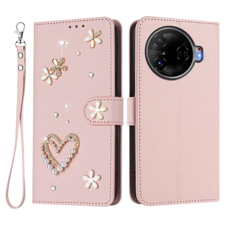 For Tecno Camon 30 Pro 5G ZS01 Double-Layer Heart Floral Vegan Leather Phone Case with Wrist Strap